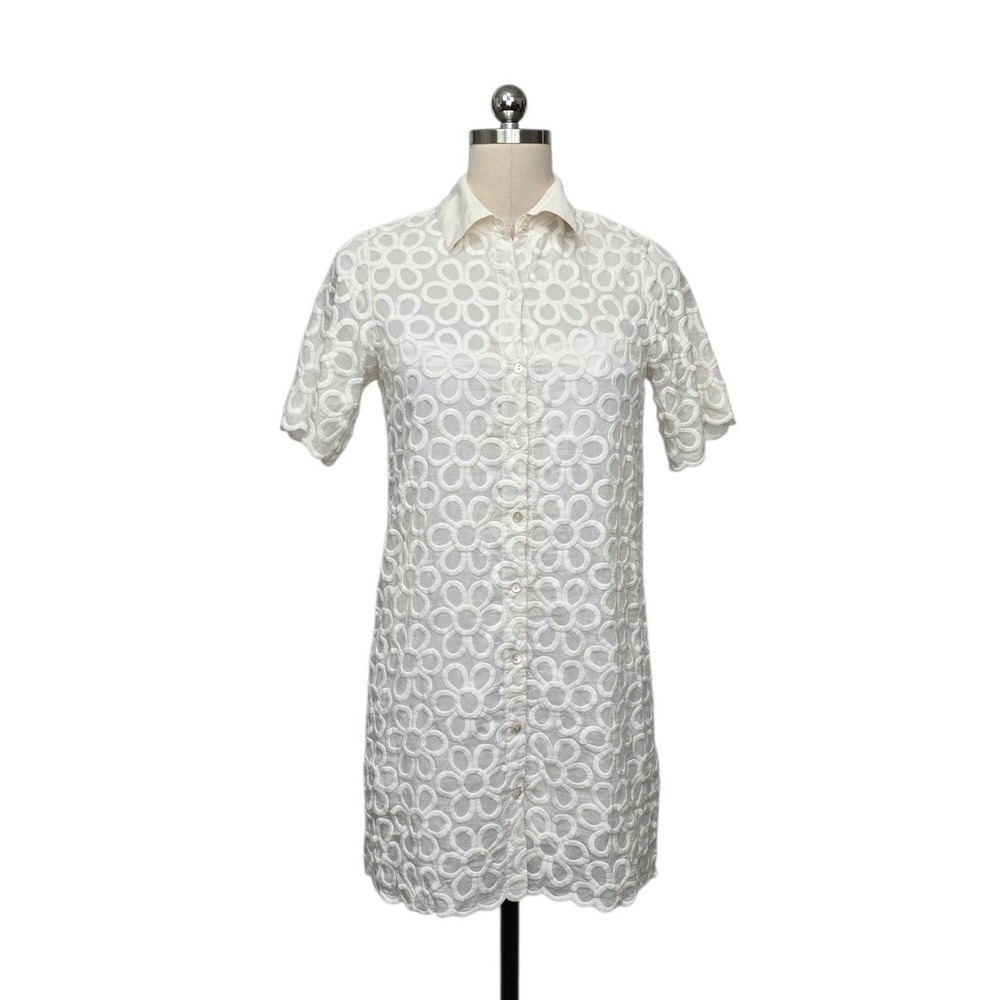 Rebecca Taylor White Cotton Silk Floral Eyelet Mini Shirt Dress Size XS
